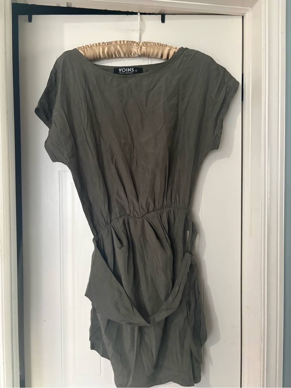 YOINS Olive Green Short Sleeve Midi Dress with Gathered Waist